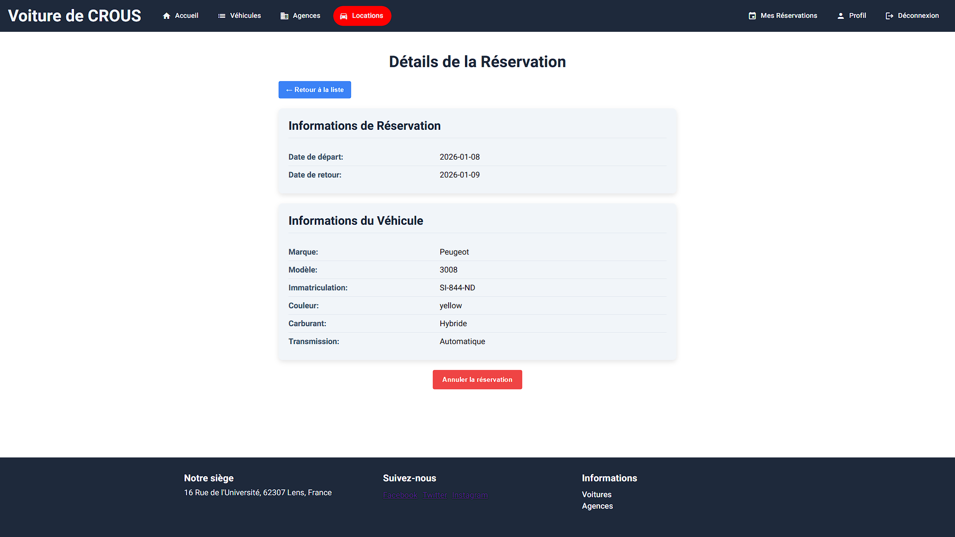 Voiture de Crous Detailed Reservation Page