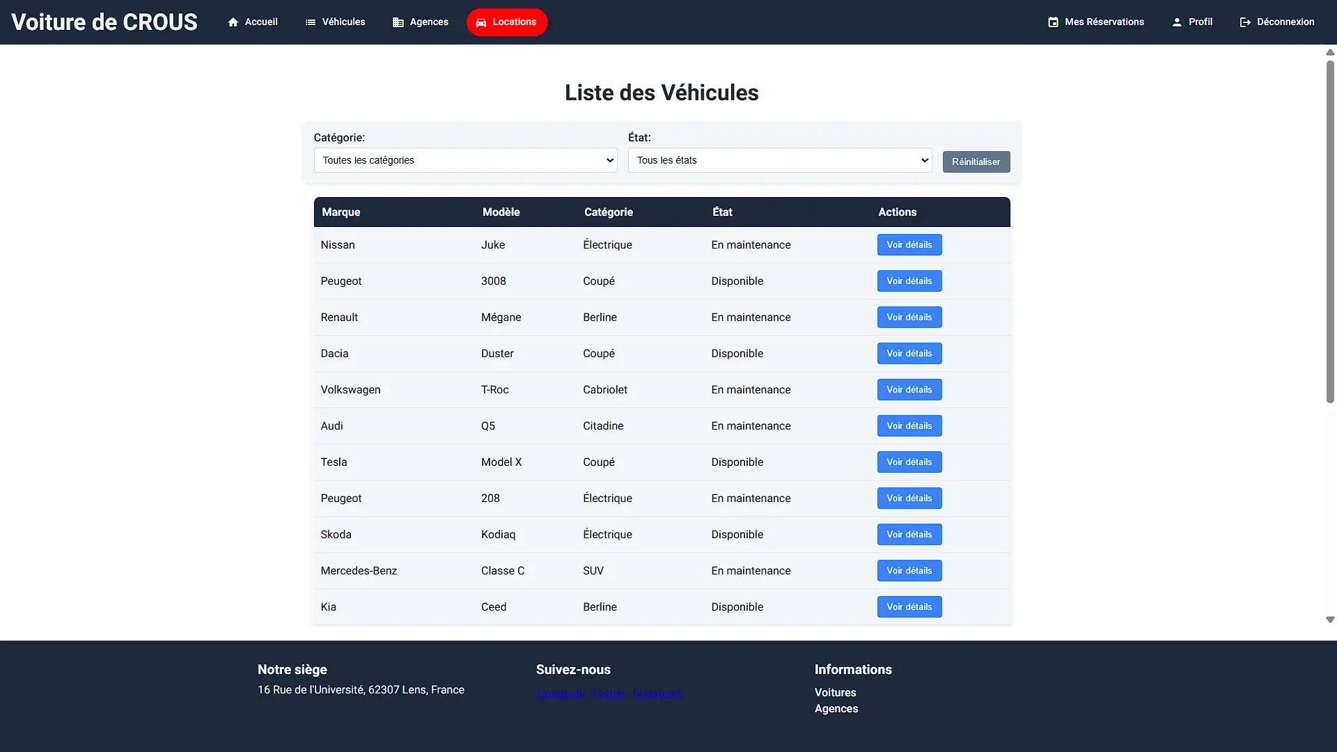 Voiture de Crous Car List Page