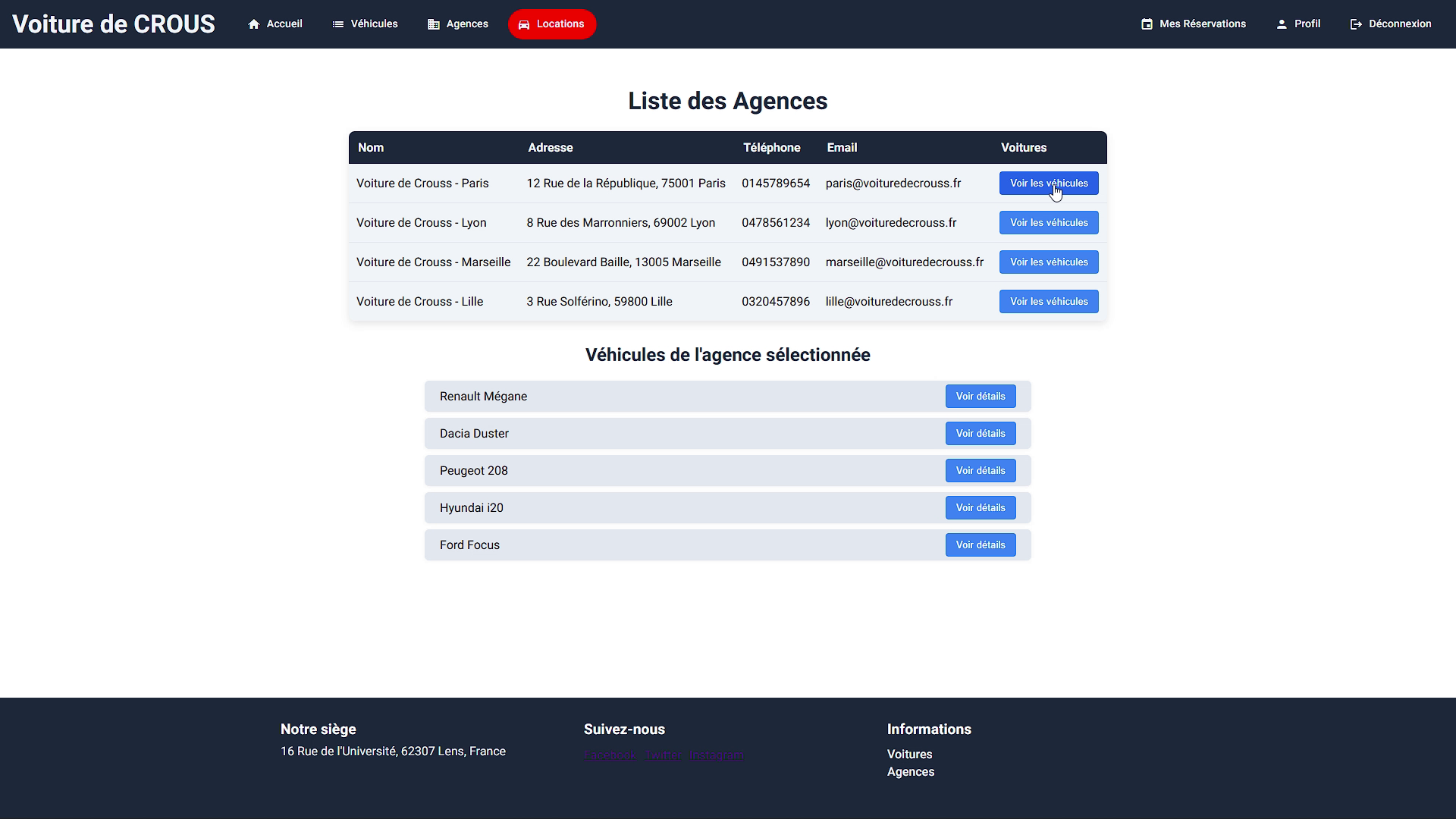 Voiture de Crous Agency List Page
