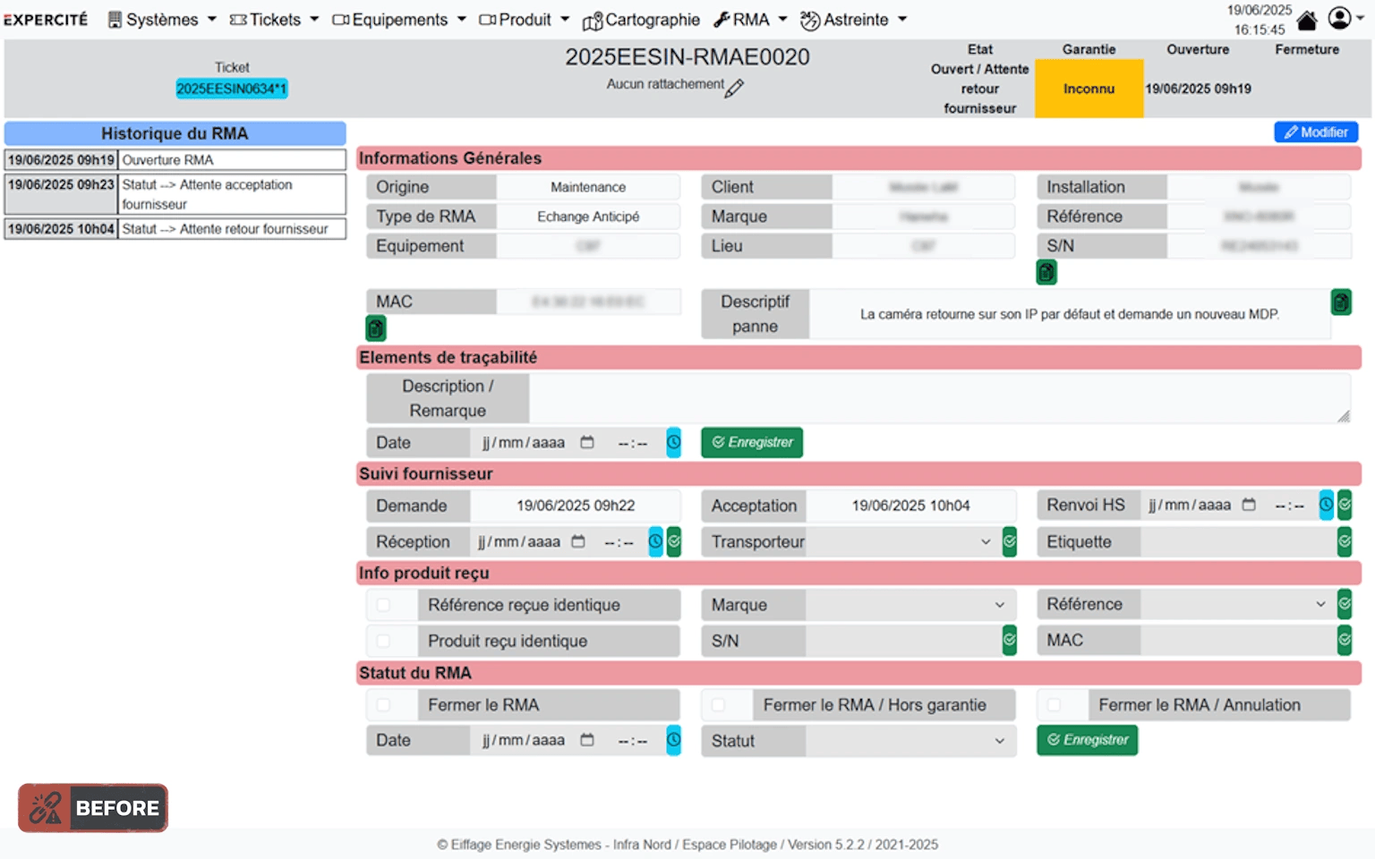 RMA Detail in Espace Pilotage